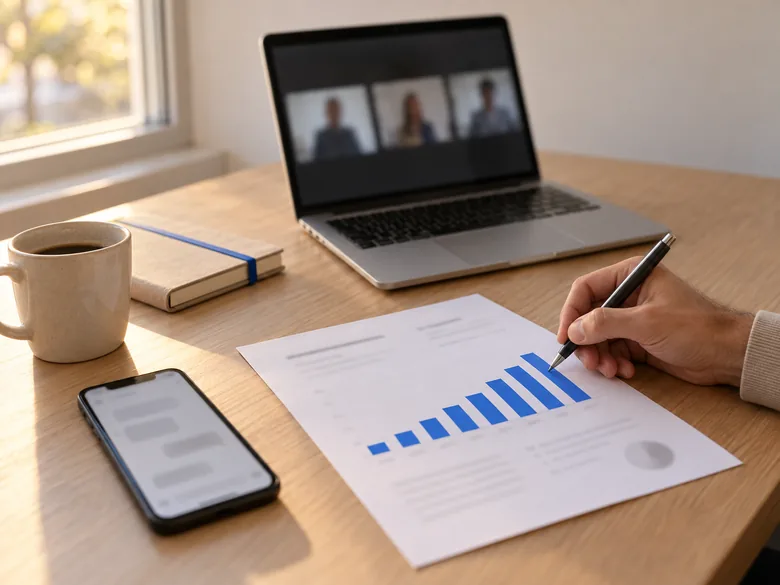Relatório com gráfico, call no notebook e conversa no celular, numa mesa de trabalho