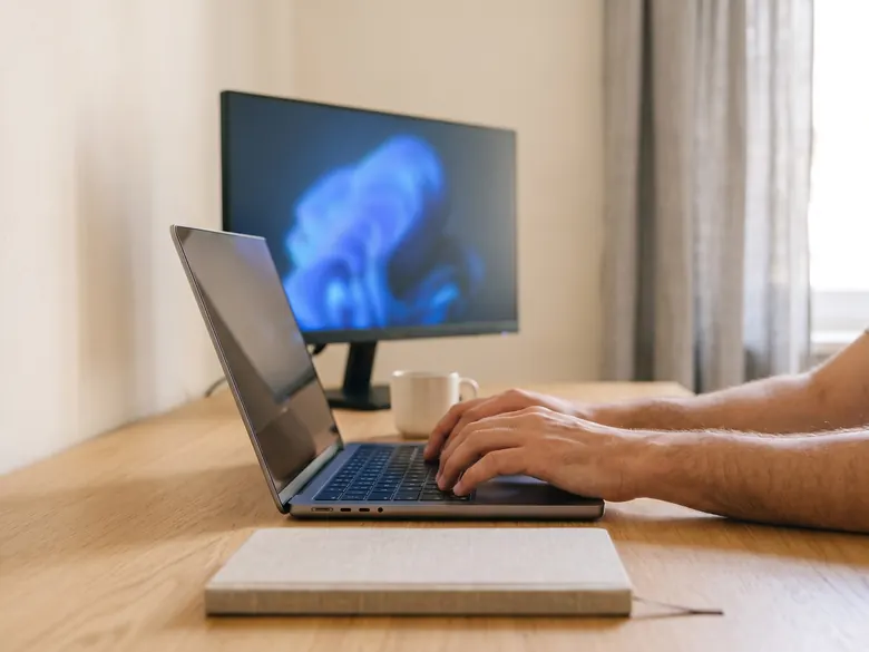 Mãos trabalhando num notebook, com um segundo monitor ao fundo